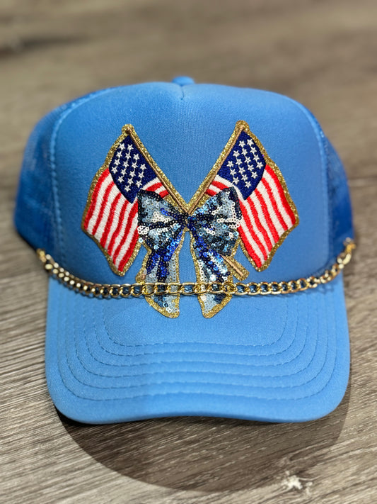 Patriotic Flags & Bow Glam Hat with USA Beaded Chain