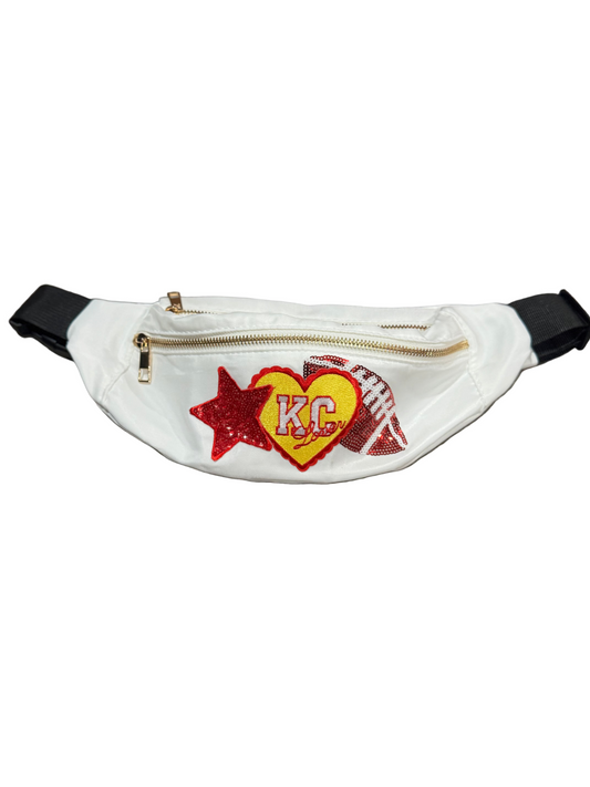 KC Chiefs Lover Sequin Football Crossbody Purse in White Satin