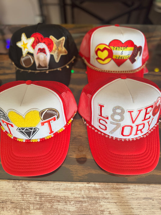 KC Chiefs Trucker Hats, Travis & Taylor Themed