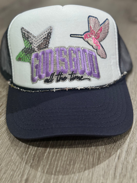God is Good All the Time Shimmer & Sequin Christian Trucker Hat