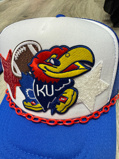KU Jayhawks Signature Logo Trucker Hat with the Bird, a Football, & Fun Stars