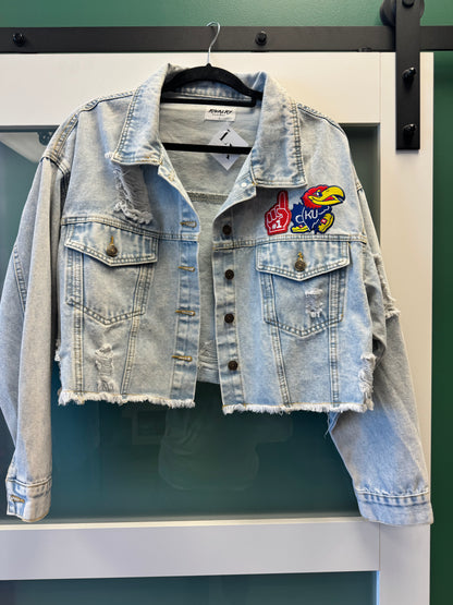 KU Jayhawks Basketball Distressed Denim Crop Jean Jacket, Women’s Size Large