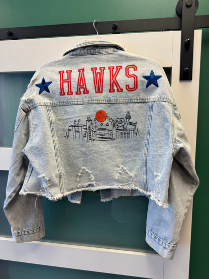 KU Jayhawks Basketball Distressed Denim Crop Jean Jacket, Women’s Size Large