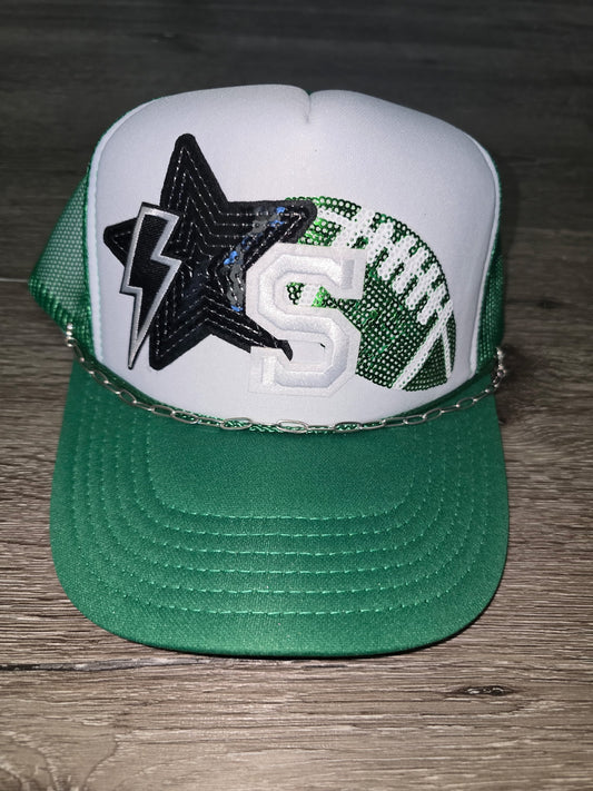 Smithville White Letter & Green Sequin Football Trucker Hat