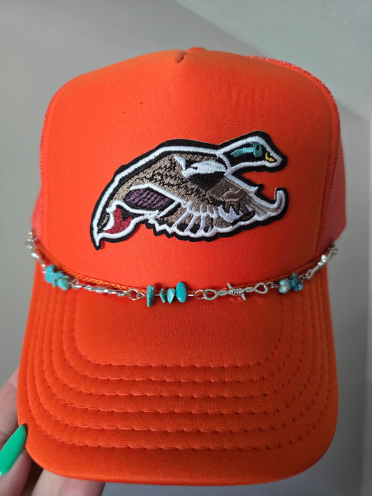 Flying Duck Trucker Hat with Turquoise & Barb Wire Chain