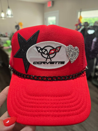 Corvette Red Trucker Hat with Black Shimmer Star