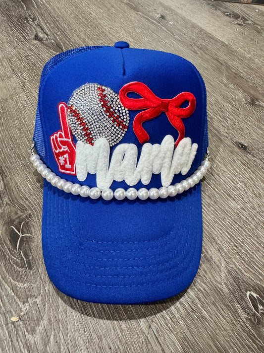 Baseball Mama Royal Blue & Red Rhinestone Trucker Hat