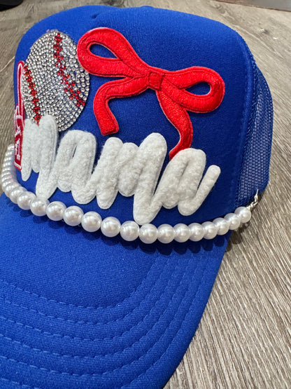 Baseball Mama Royal Blue & Red Rhinestone Trucker Hat