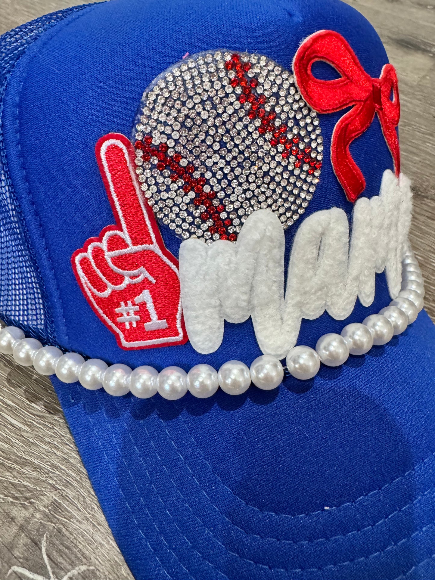 Baseball Mama Royal Blue & Red Rhinestone Trucker Hat