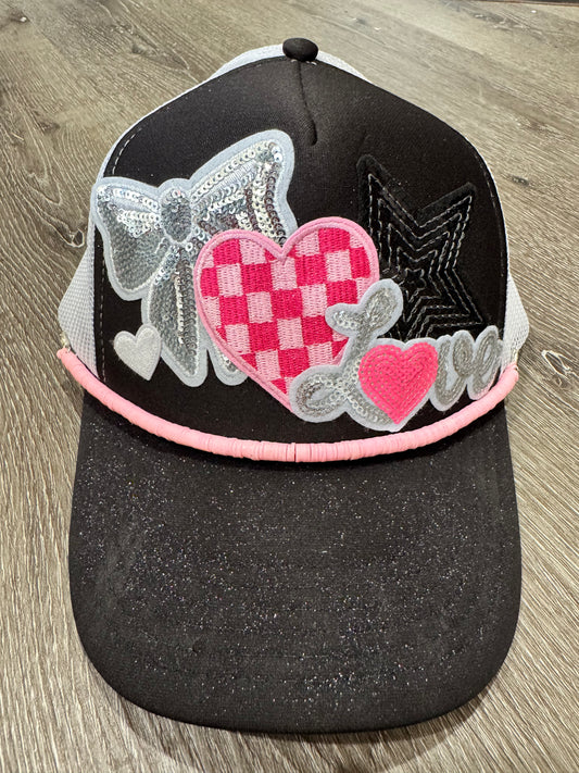 Love Black & Pink Girl Fun Trucker Hat with Silver Glitter