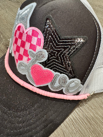 Love Black & Pink Girl Fun Trucker Hat with Silver Glitter