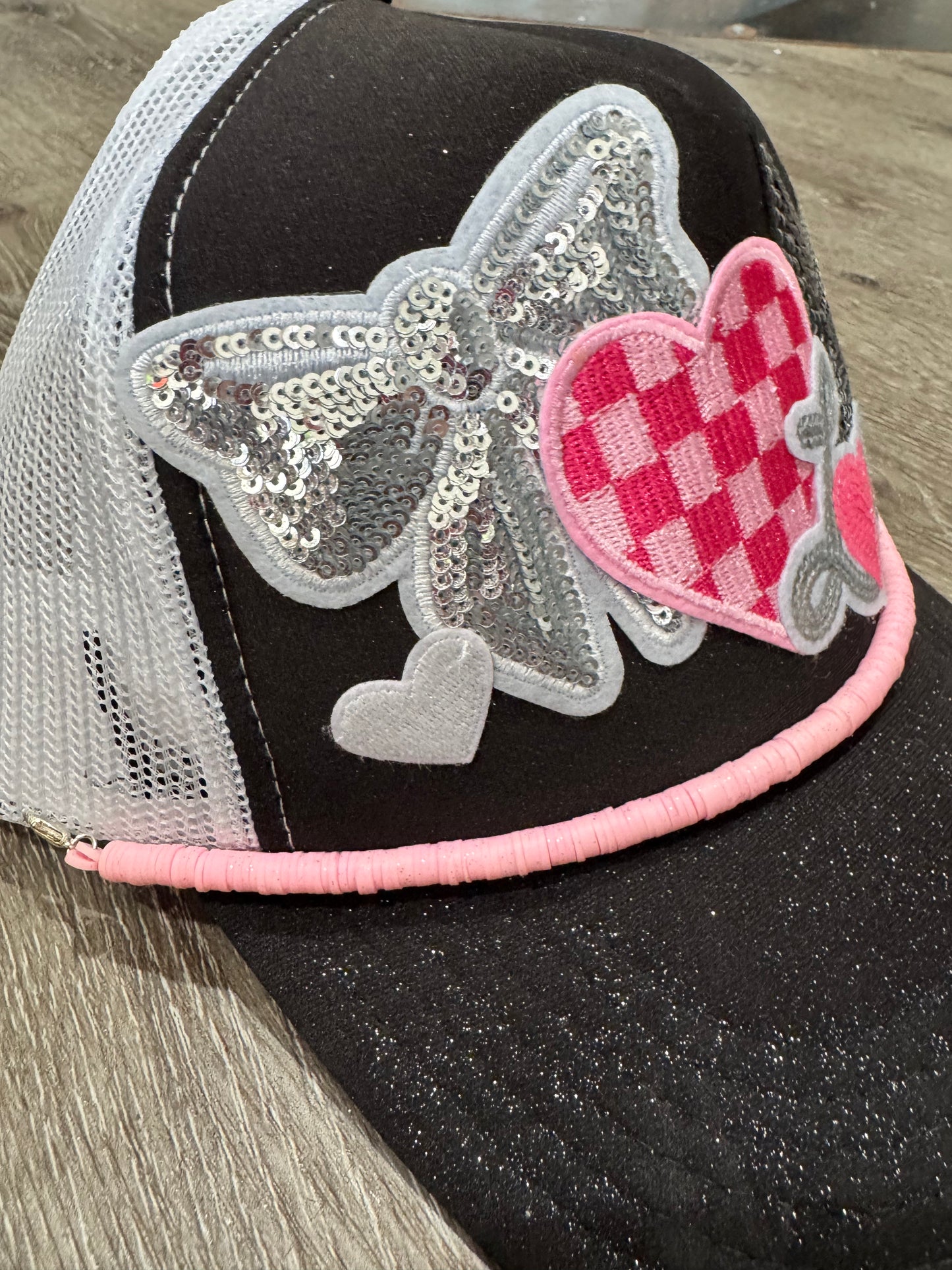 Love Black & Pink Girl Fun Trucker Hat with Silver Glitter