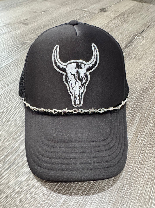 Black & White Cow Skull Barbwire Trucker Hat