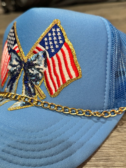 Patriotic Flags & Bow Glam Hat with USA Beaded Chain