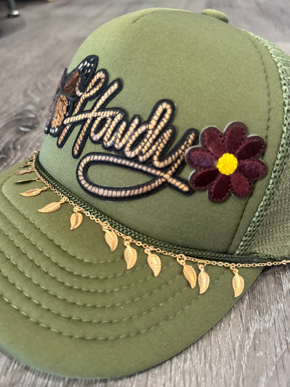Howdy Butterfly & Flower Olive Green Trucker Hat