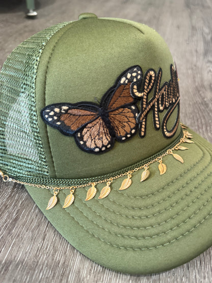 Howdy Butterfly & Flower Olive Green Trucker Hat