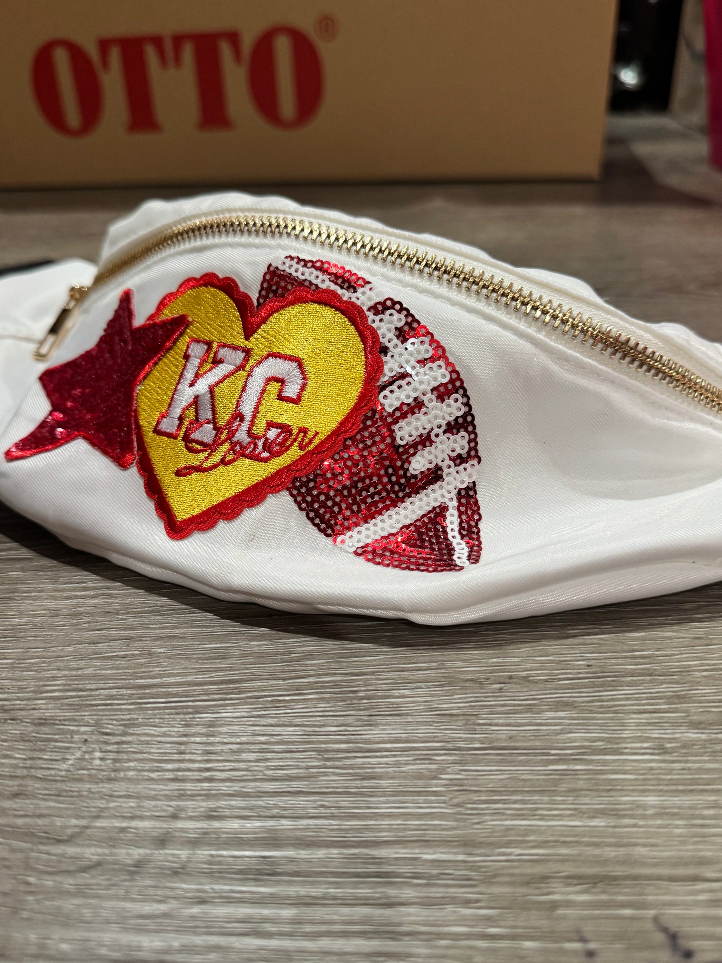 KC Chiefs Lover Sequin Football Crossbody Purse in White Satin
