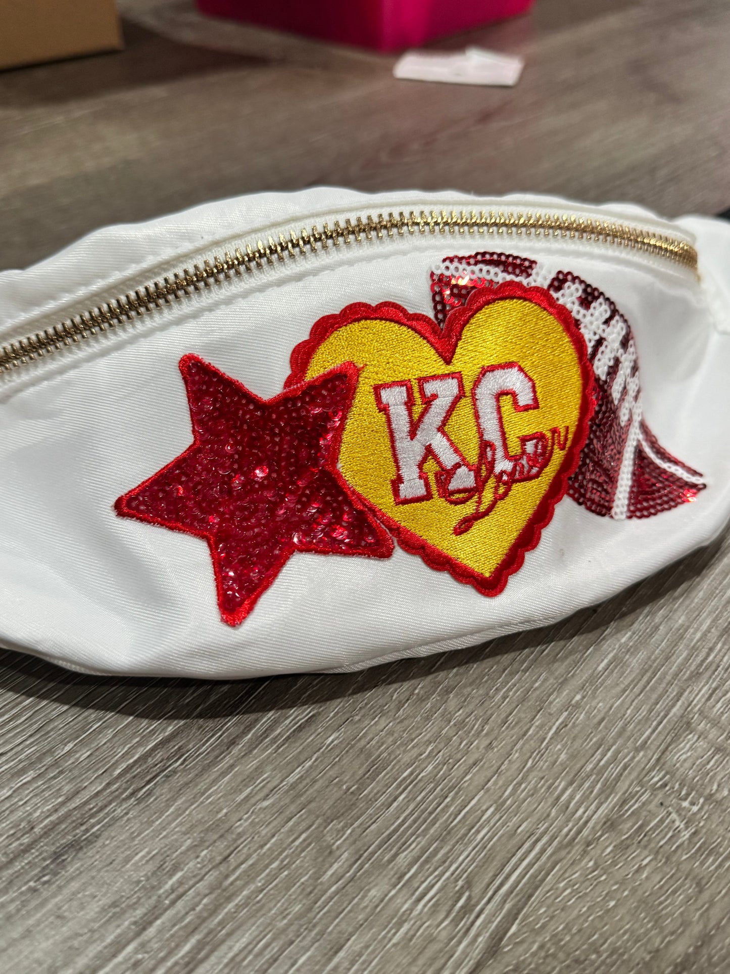 KC Chiefs Lover Sequin Football Crossbody Purse in White Satin