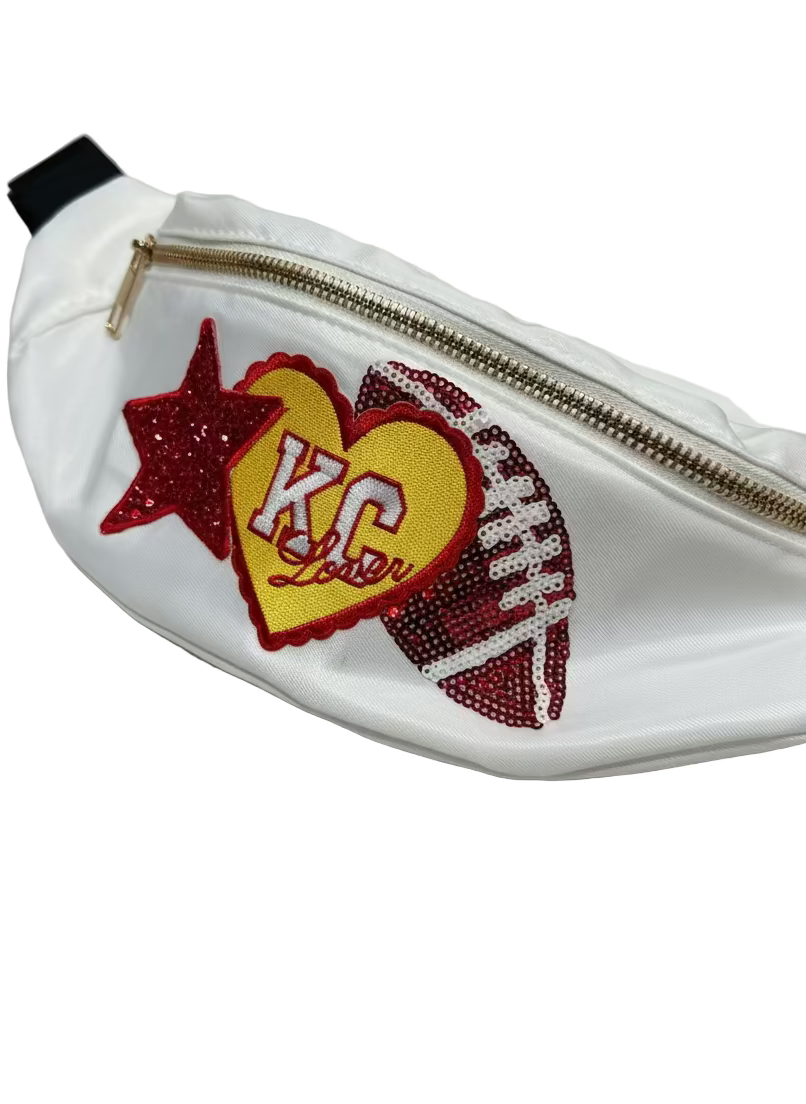 KC Chiefs Lover Sequin Football Crossbody Purse in White Satin