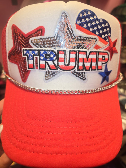 Trump Red, White, Blue Sequin Patch Trucker Hat