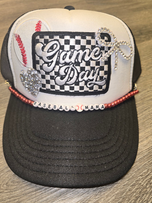 Game Day Checkered Bow Baseball Trucker Hat with Baseball Mama Chain