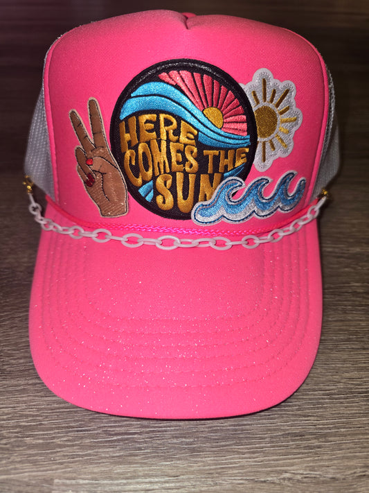 Here Comes the Sun Summer Trucker Hat with a White Chain