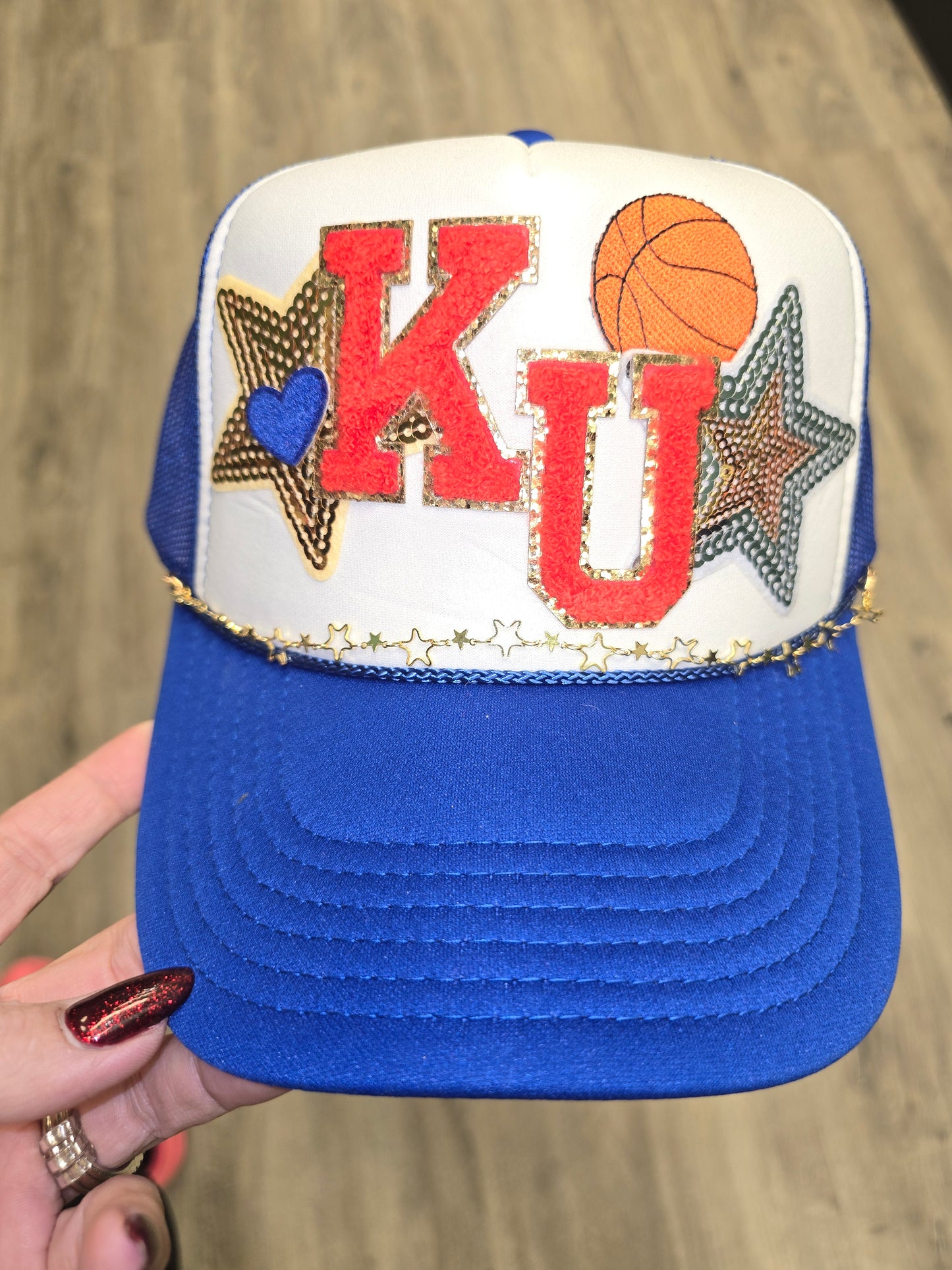 KU Chenille & Sequin Basketball Royal Blue & White Trucker Hat
